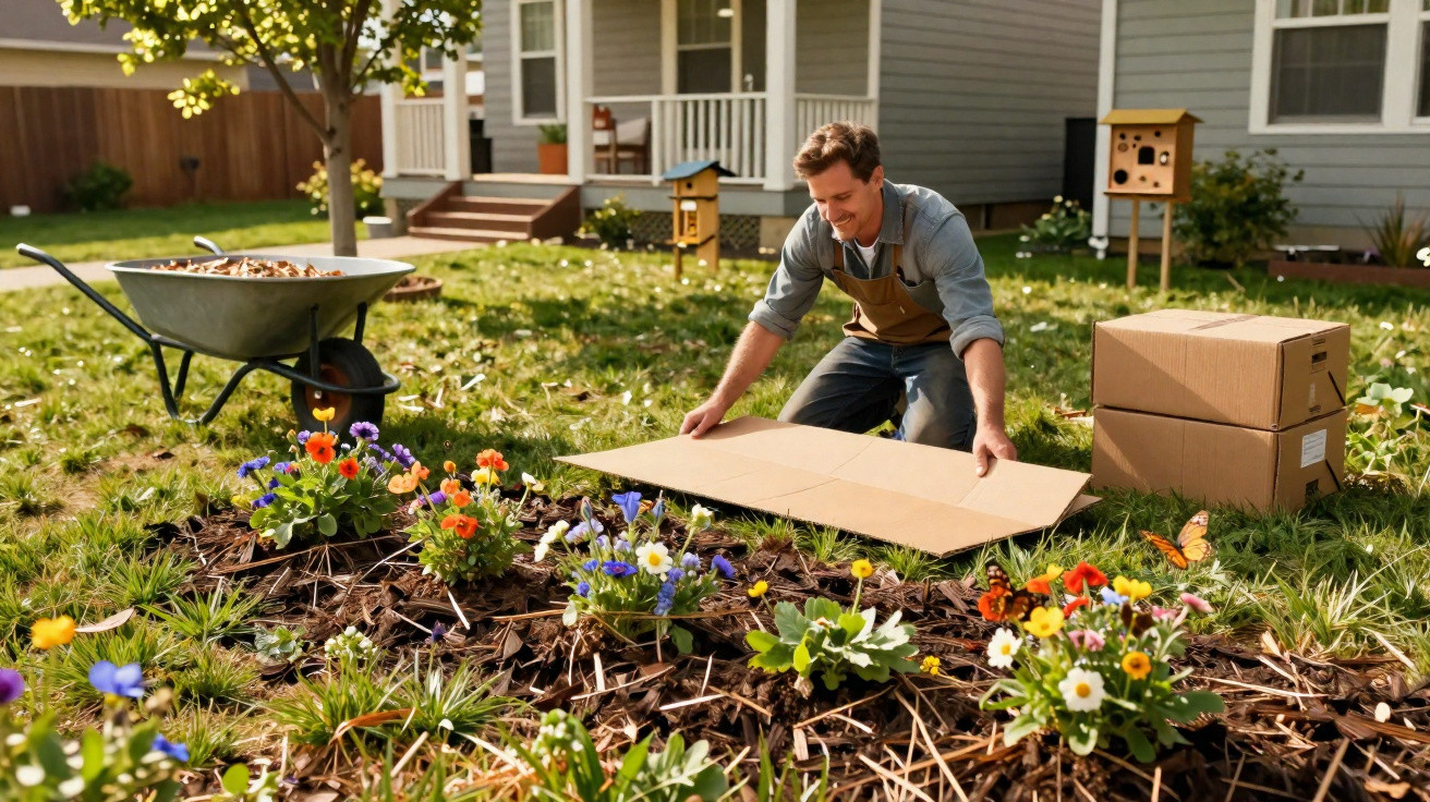 Man laying cardboard in garden bed surrounded by colourful flowers and gardening tools near house.
