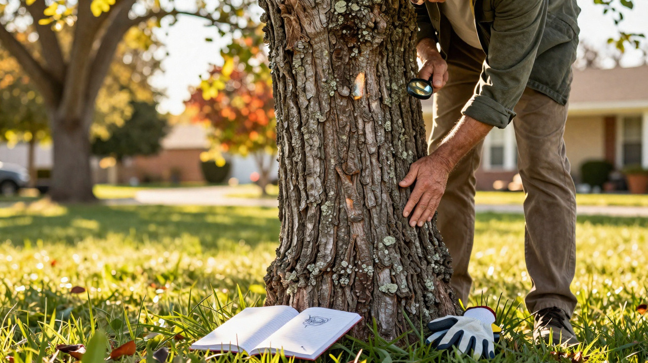 Person examining tree bark with a magnifying glass in a sunlit garden with an open notebook and gloves on the grass.