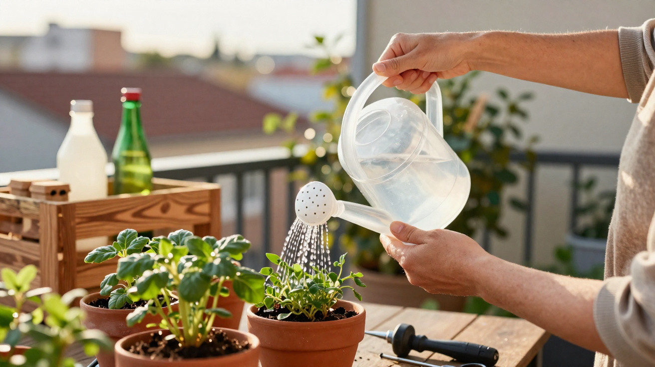 Person watering green plants in terracotta pots on a balcony table with a clear plastic watering can.