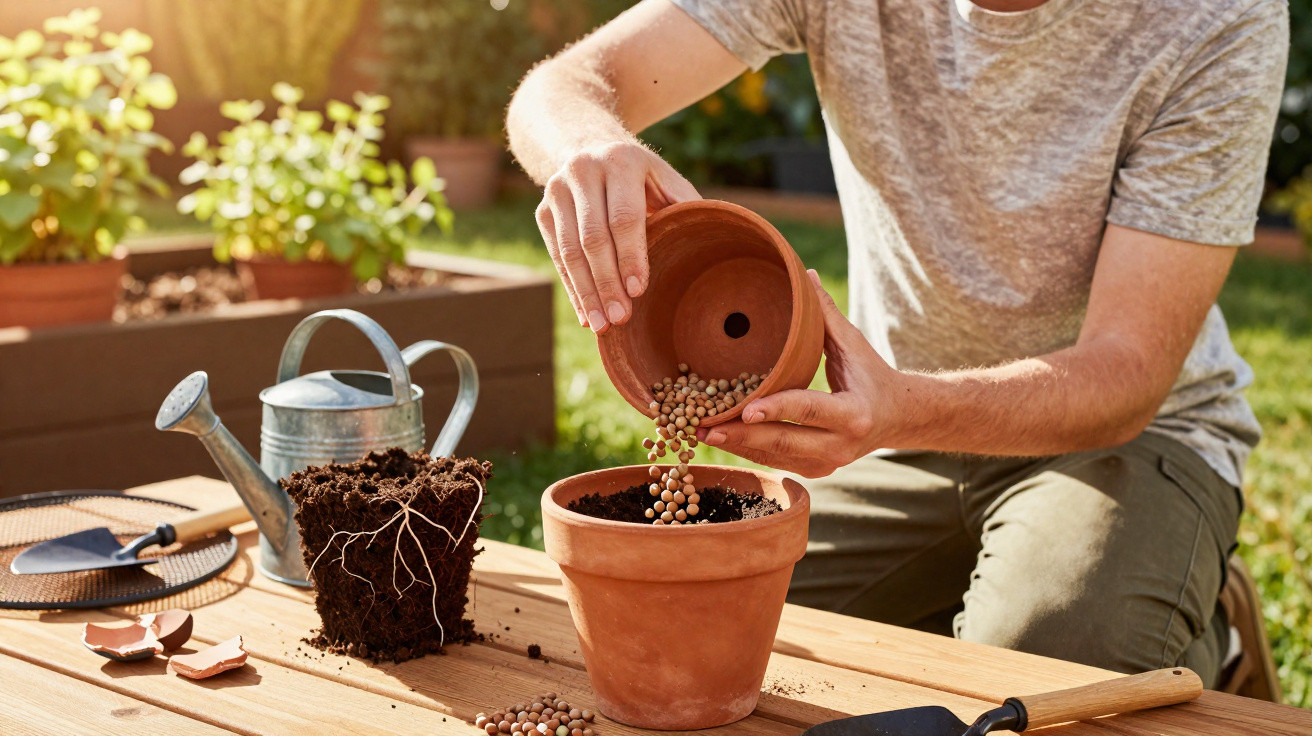 Person planting seeds into a clay pot on a wooden table with gardening tools and soil nearby.