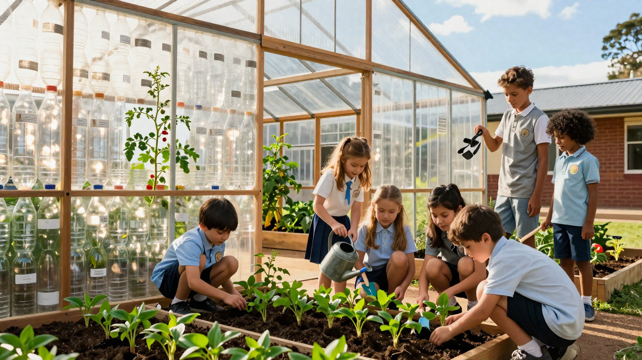 Schoolchildren gardening and watering plants in a greenhouse garden bed on a sunny day.