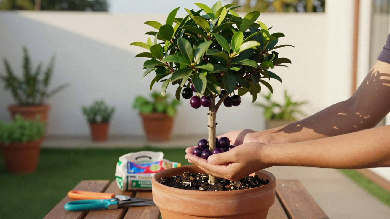 Hands holding ripe purple jaboticaba berries from a small potted tree on a wooden table outdoors.