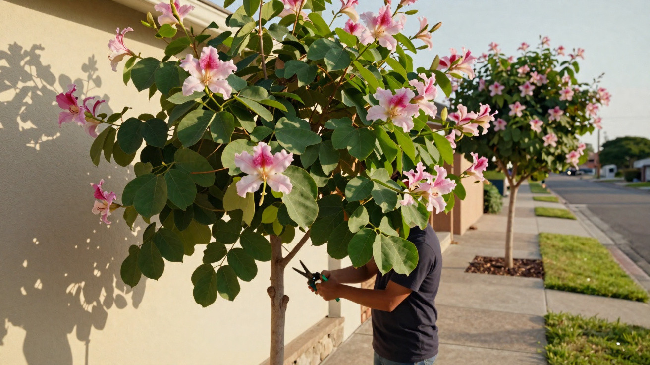 Person pruning a small tree with pink and white flowers on a suburban sidewalk in daylight.