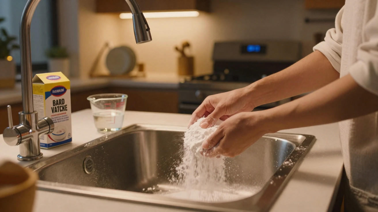 Person rinsing a white powder substance over a kitchen sink with a box and measuring cup nearby.