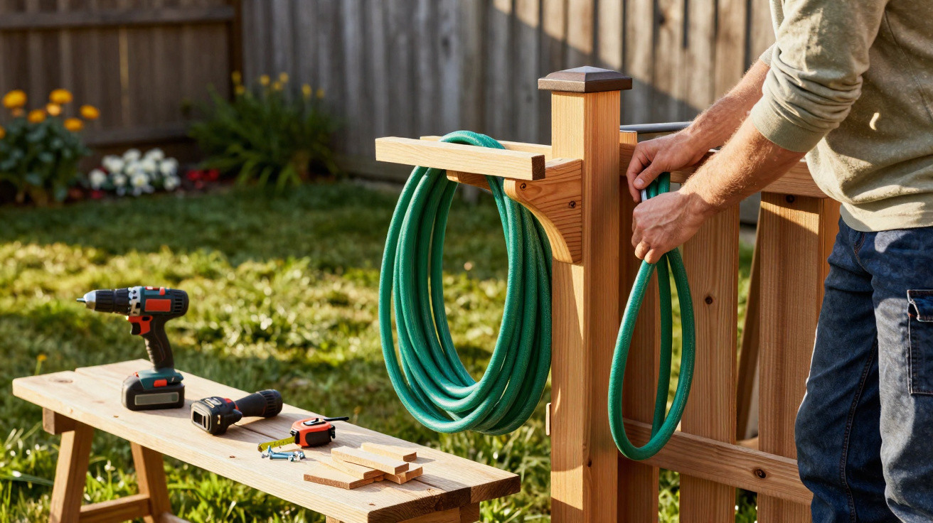 Person winding green garden hose on wooden fence hose holder in sunny backyard.