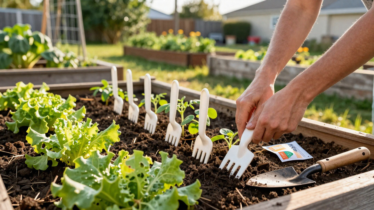 Hands arranging white plant markers in a raised garden bed with green lettuce and seedlings in sunlight.