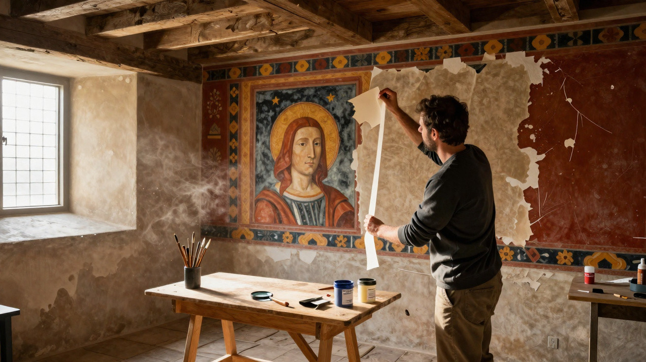Conservator carefully restores a damaged fresco of a saint in a historic room with wooden beams and natural light.