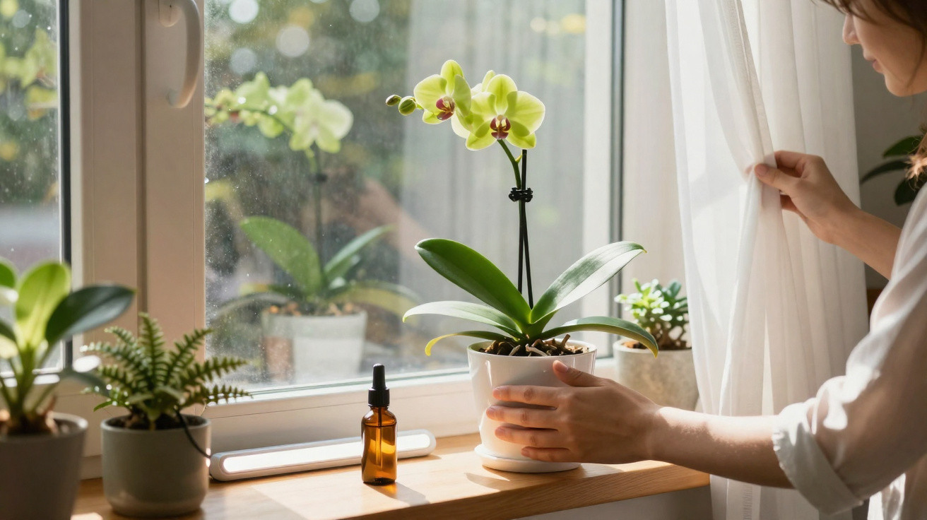 Person adjusting white curtain while holding potted orchid on sunlit windowsill with other plants and a small bottle.