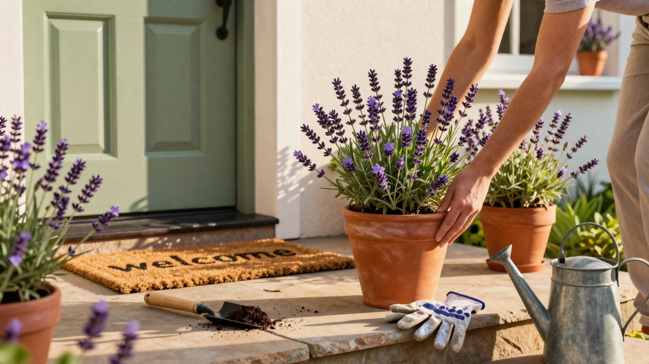 Person planting lavender in terracotta pot on front porch near green door and welcome mat