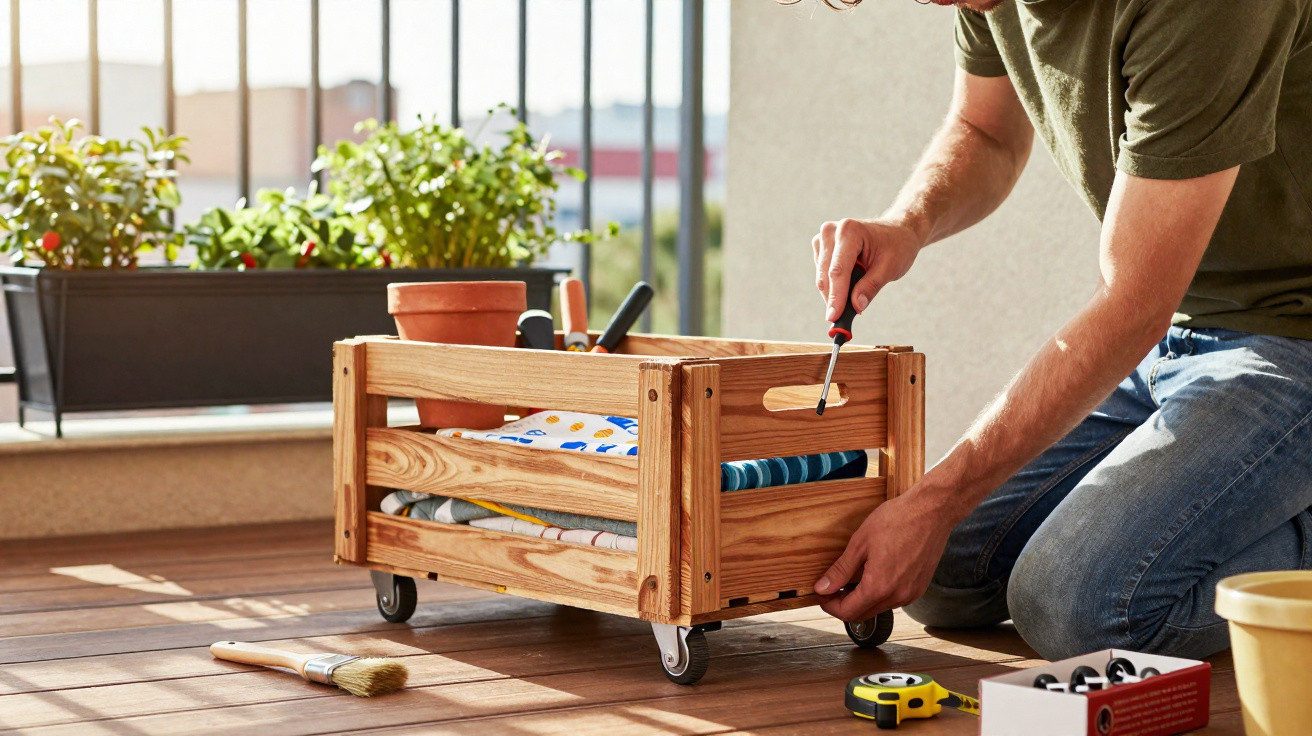 Person assembling a wooden planter box with wheels on a balcony with gardening tools nearby.