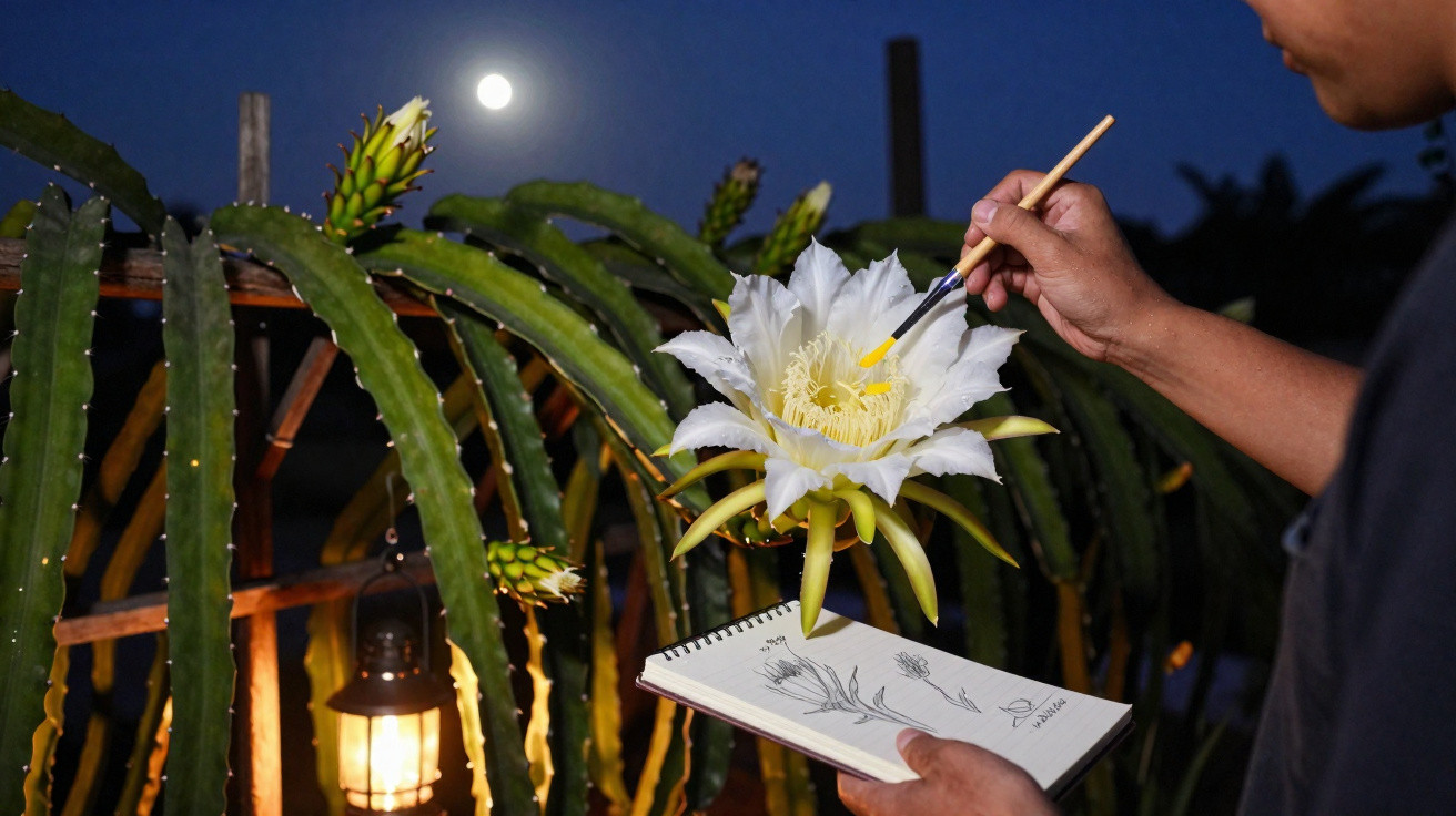 Person painting a white night-blooming flower on cactus under full moonlight with sketchbook and lantern light.