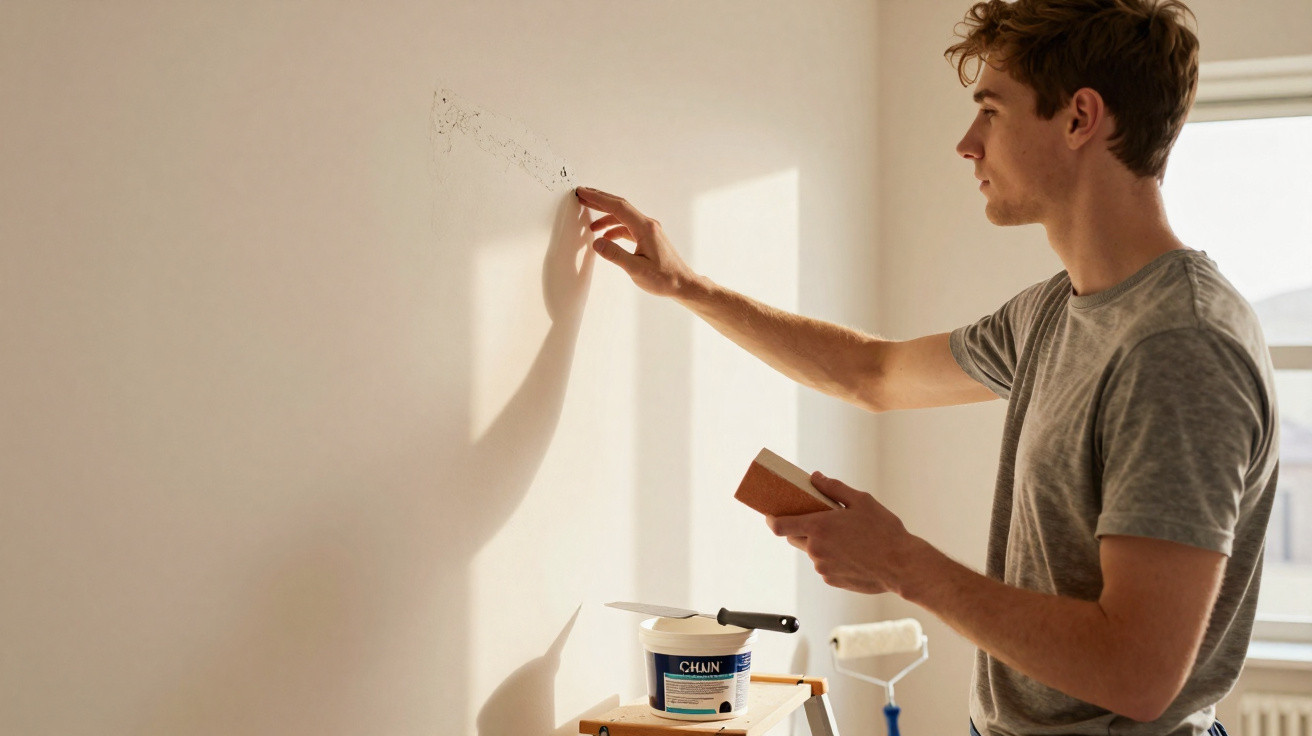 Young man repairing wall with filler and sandpaper in brightly lit room.