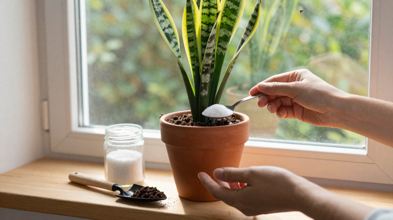 Hands sprinkling white powder from a spoon into a potted snake plant on a windowsill with gardening tools nearby.