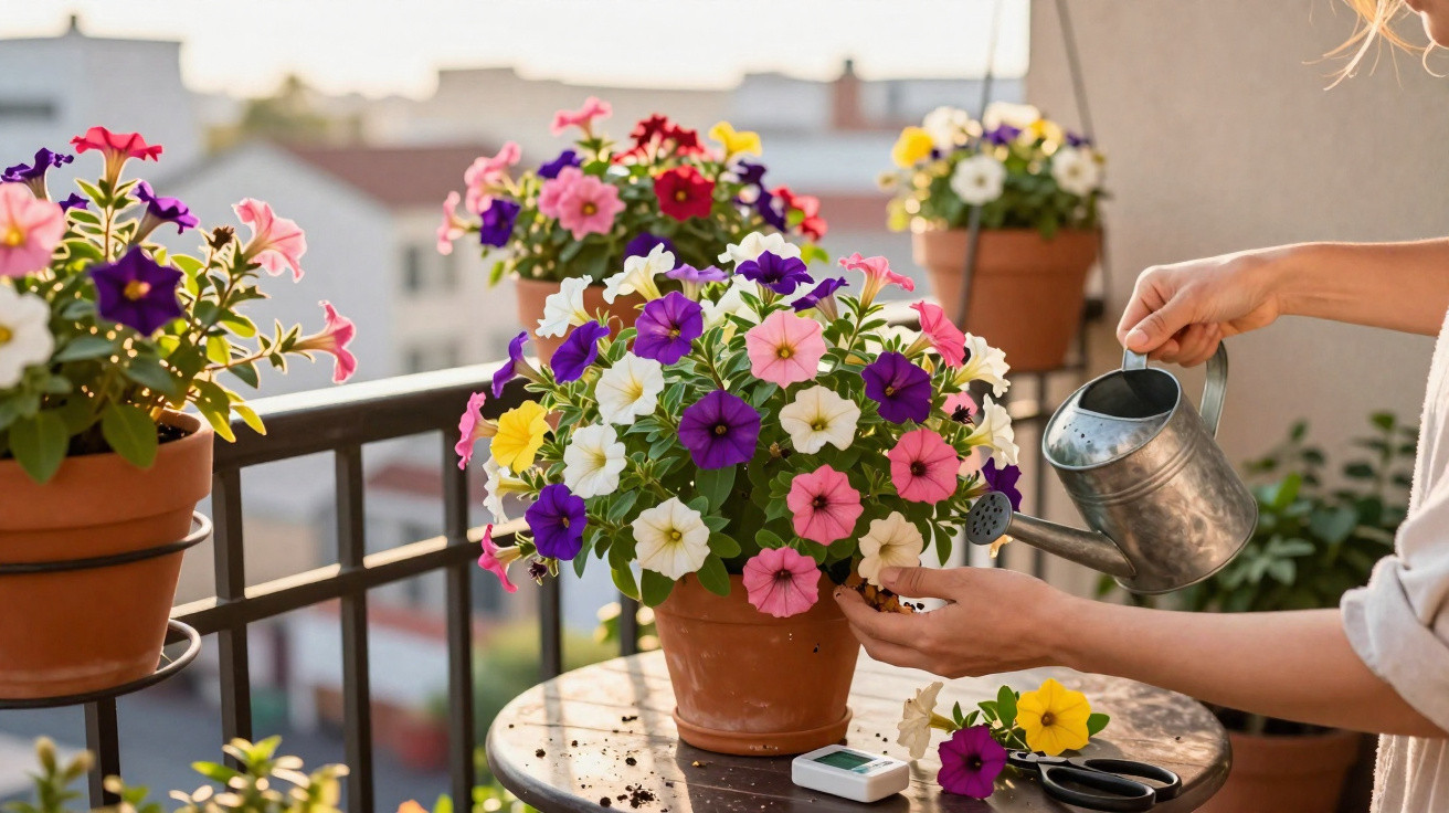 Person watering colourful petunias in terracotta pots on a balcony table at sunset