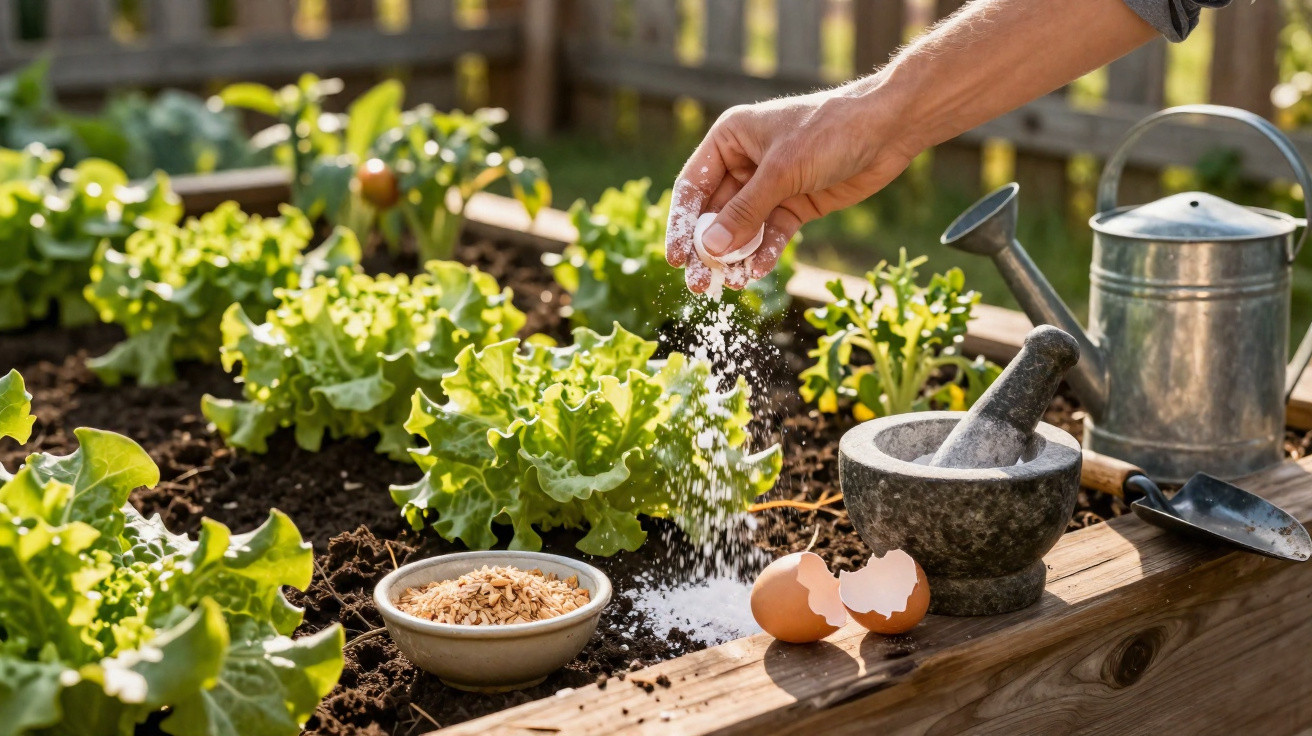 Hand sprinkling crushed eggshells on soil in a garden bed with lettuce, mortar, watering can and bowl nearby.