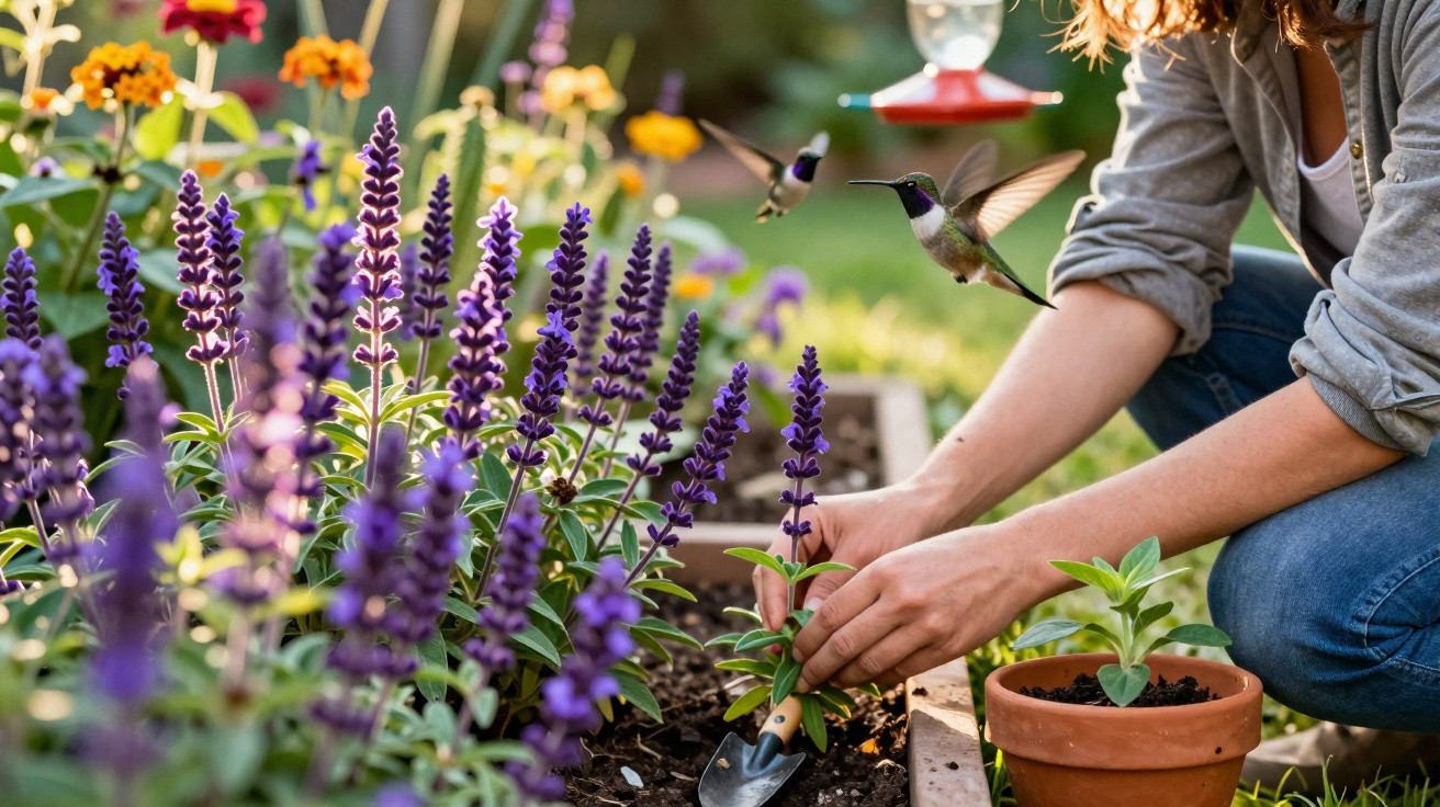 Person planting seedlings in a garden bed with purple flowers and hummingbirds nearby.