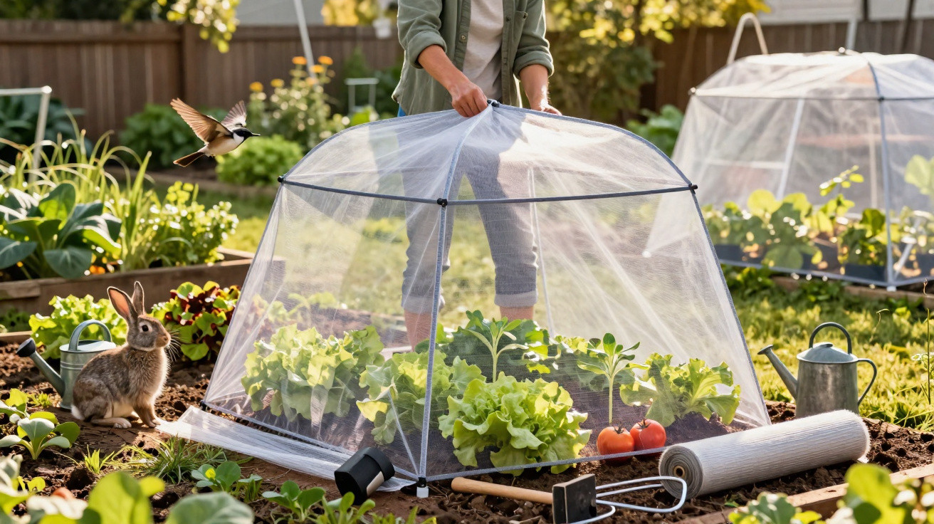 Person covering vegetable plants with mesh netting in garden, rabbit nearby and bird in flight.
