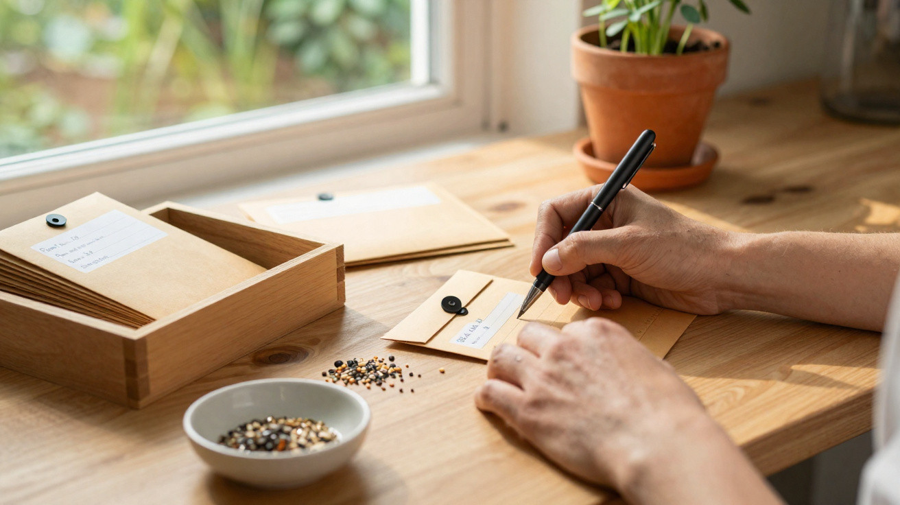 Person labelling brown paper seed packets on a wooden desk with a plant in the background.