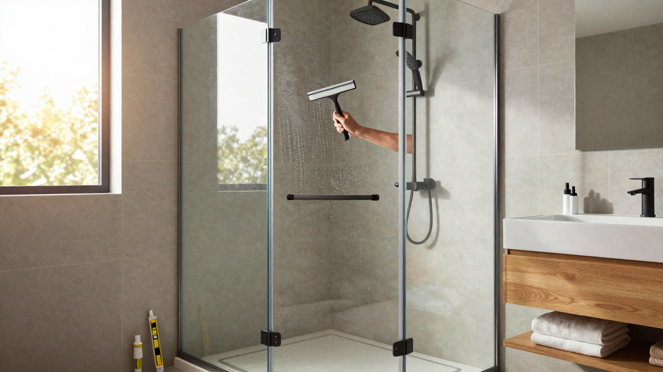 Modern bathroom with glass shower enclosure being cleaned with a squeegee on a sunlit morning.