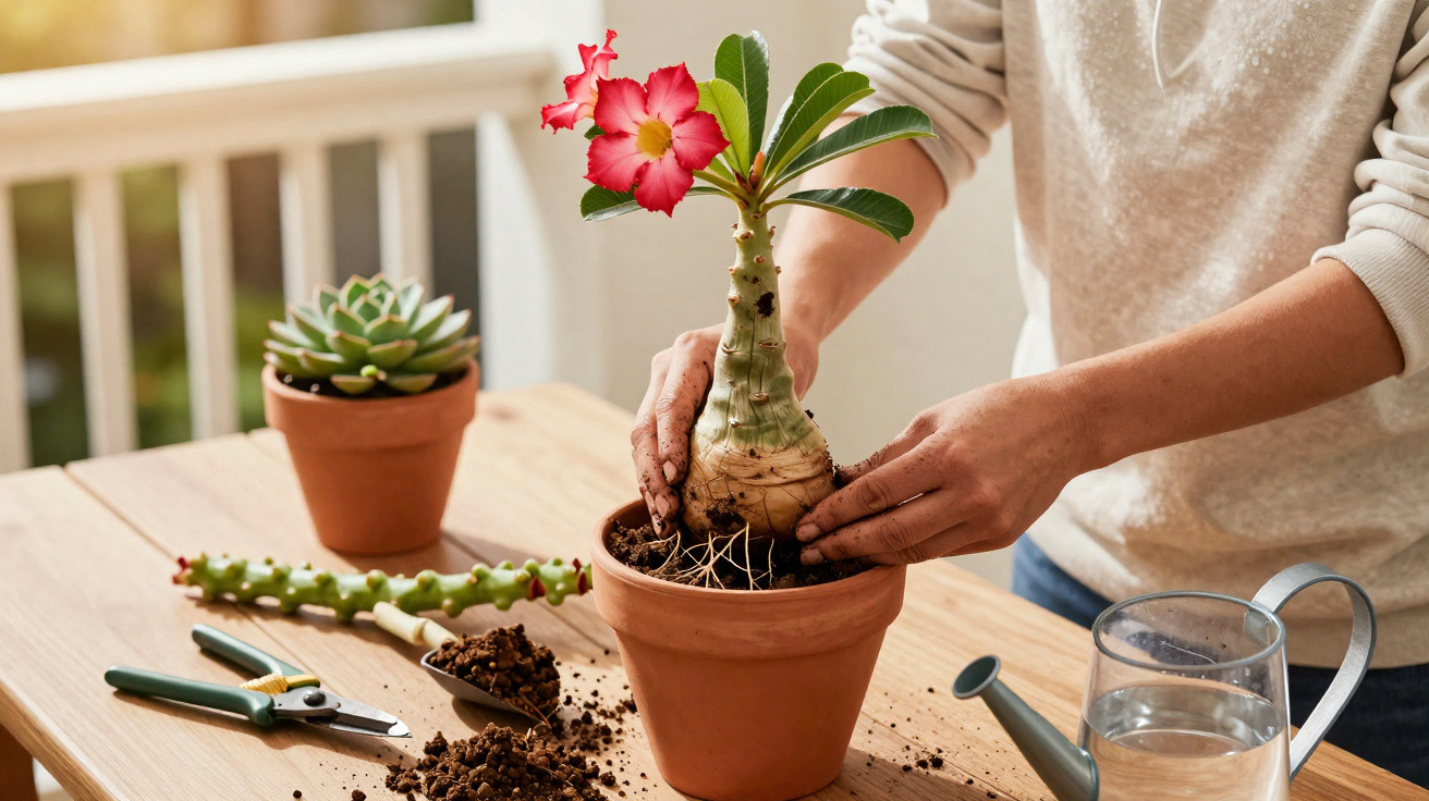 Person repotting a flowering succulent plant on a wooden table with gardening tools and watering can nearby.