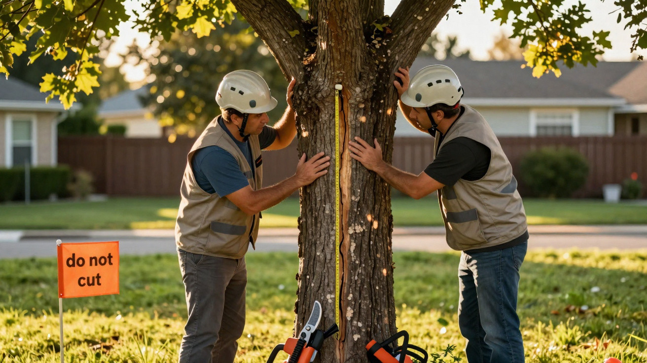 Two arborists measuring a tree trunk with a tape measure near a "do not cut" sign.