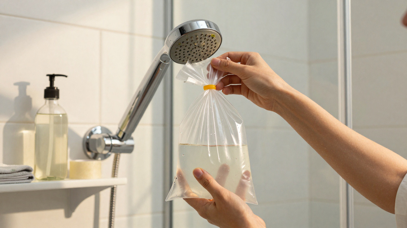 Hands holding a plastic bag of water under a showerhead in a bathroom with soap dispensers on a shelf.