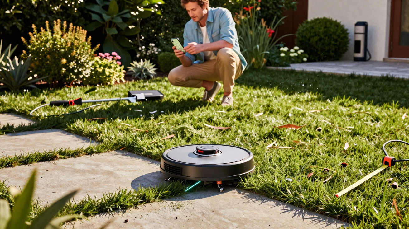 Man using smartphone to control robotic lawn mower cutting grass in a garden on sunny day.