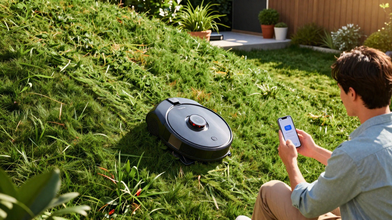 Person controlling a robotic lawn mower on grass using a smartphone app in a backyard garden.