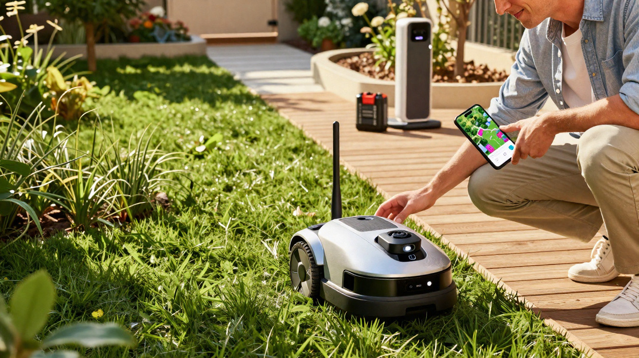 Man operating robotic lawn mower in garden using smartphone app on wooden patio next to green grass.