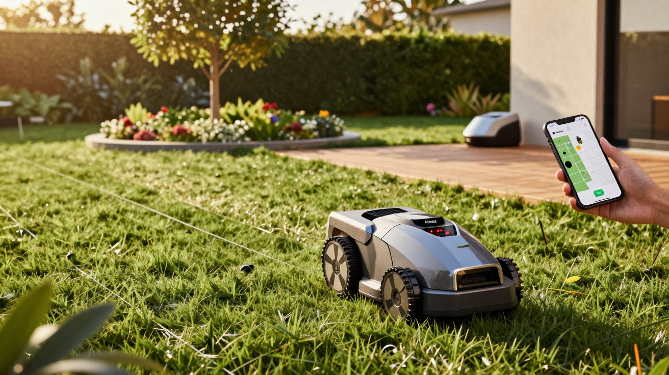Robotic lawn mower operating on grass controlled via smartphone app in a sunny garden.