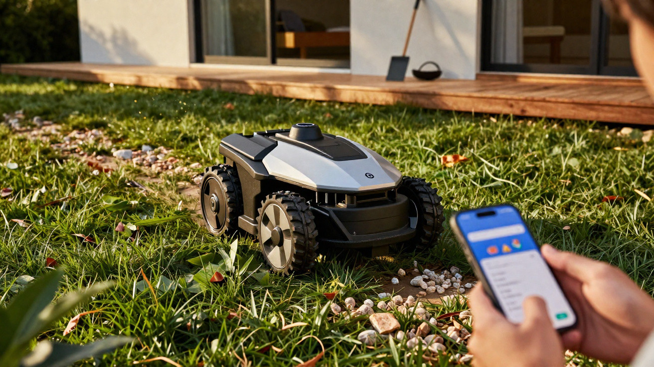 Robotic lawn mower cutting grass in garden controlled remotely by person holding smartphone.