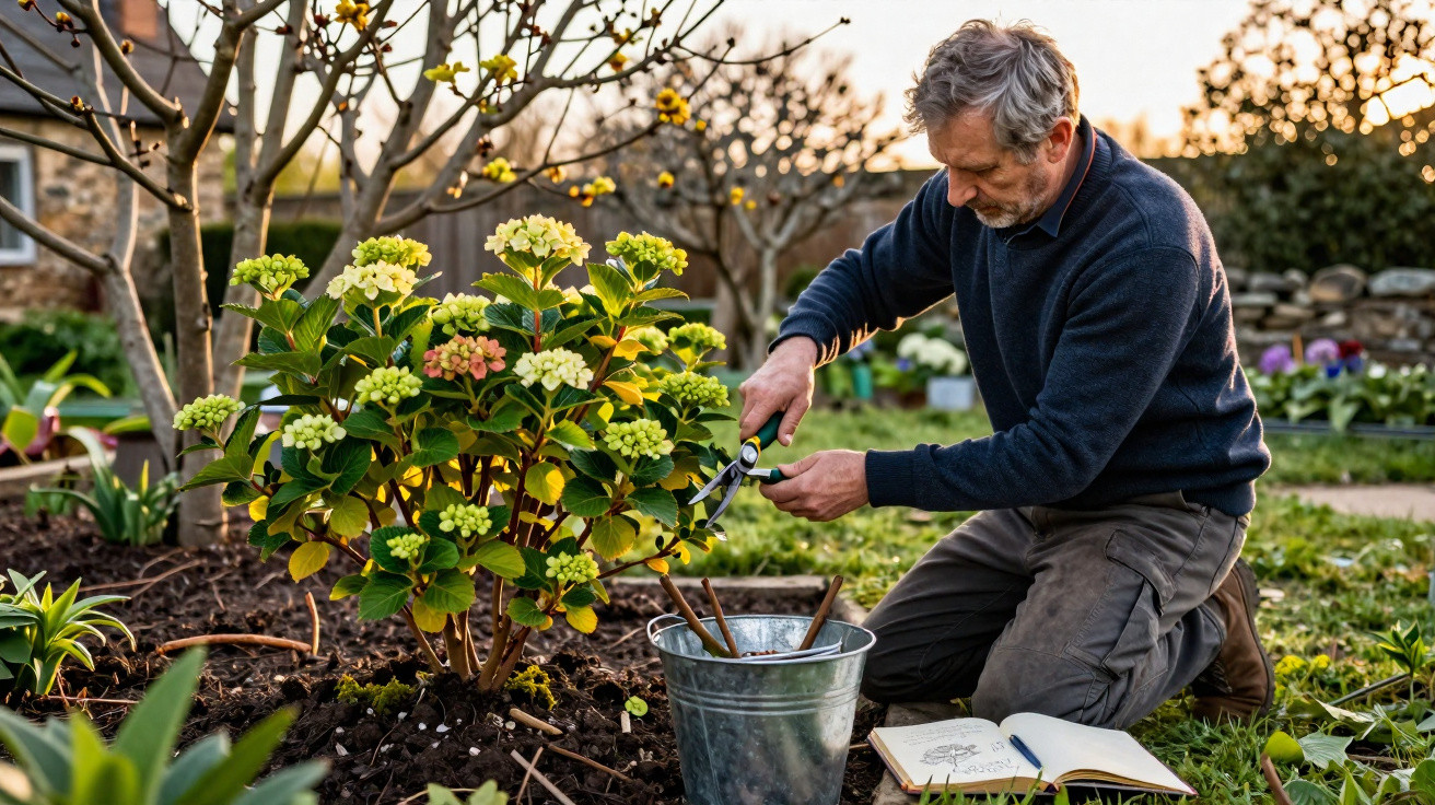 Man pruning a flowering shrub in a garden at sunset with a bucket and open notebook nearby