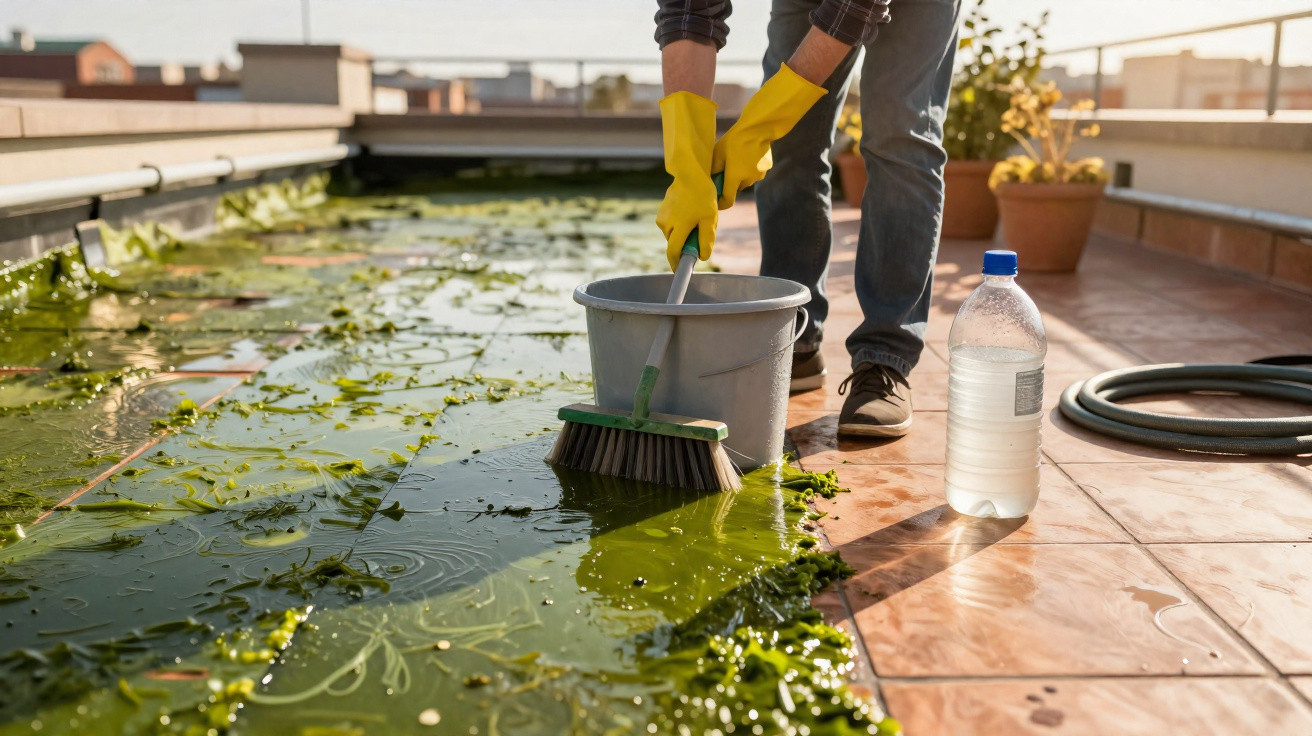 Person wearing yellow gloves cleaning green algae from a rooftop pool using a brush and bucket.