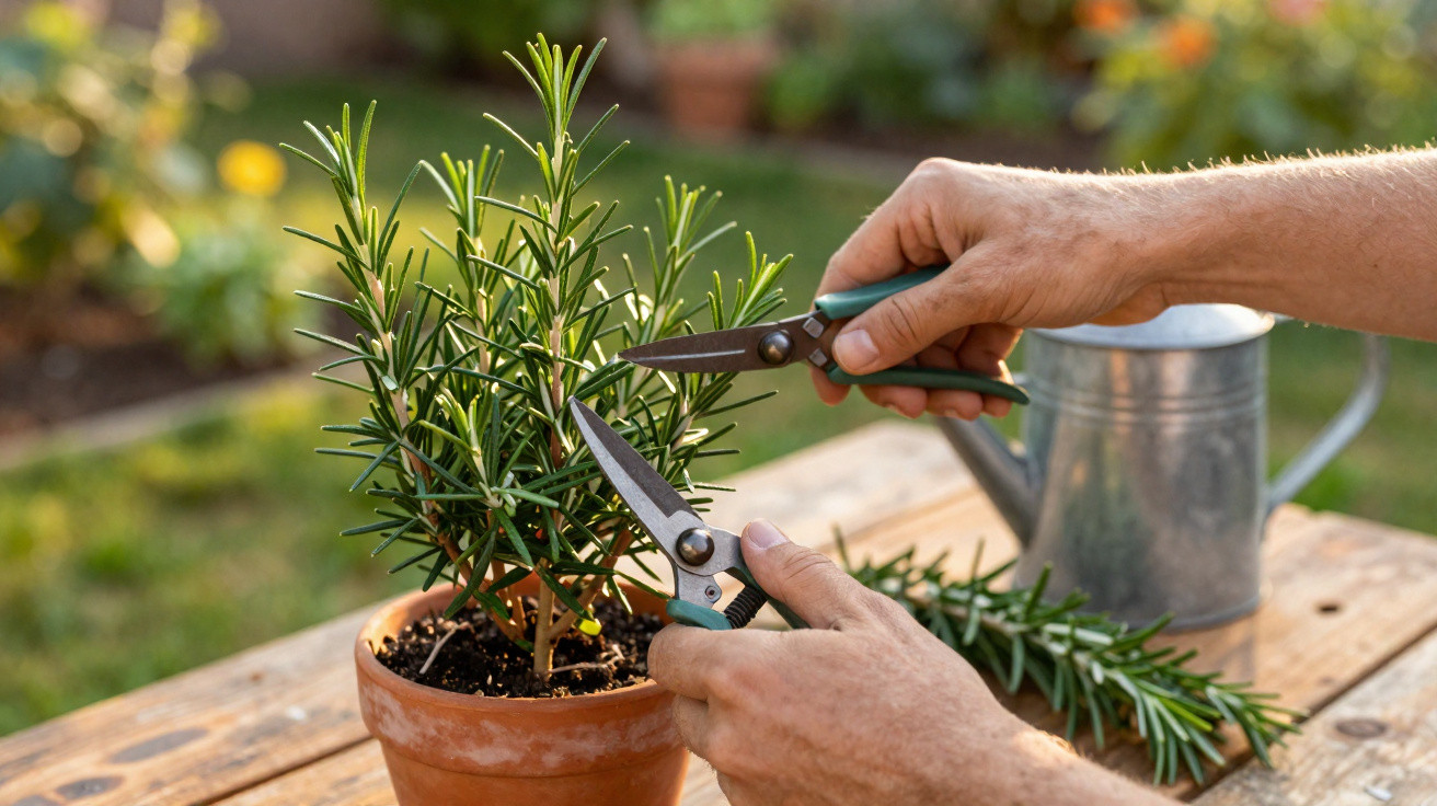 Hands pruning a rosemary plant in a terracotta pot with garden scissors on a wooden table outdoors.