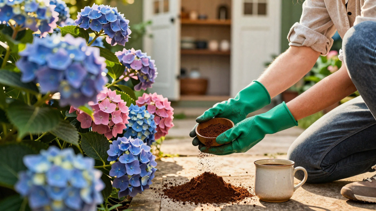 Person wearing green gloves sprinkling soil near blooming blue and pink hydrangeas in a garden setting.