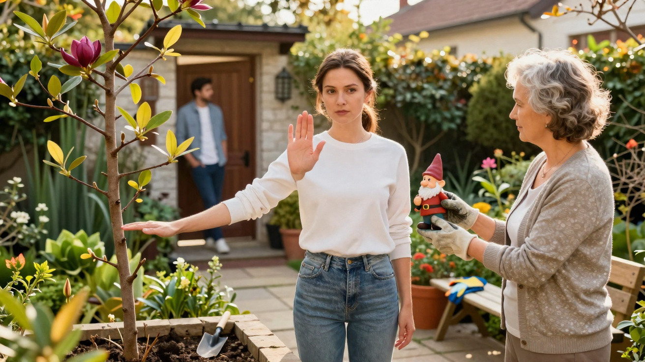 Young woman gesturing stop to older woman offering a garden gnome in a sunny backyard garden.