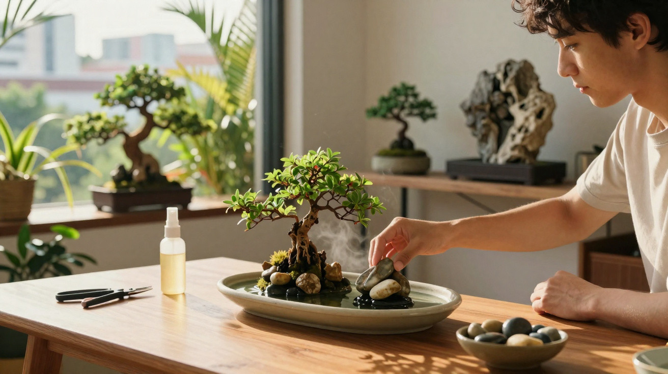 Young person arranging stones around a small bonsai tree on a wooden table in a sunlit room.