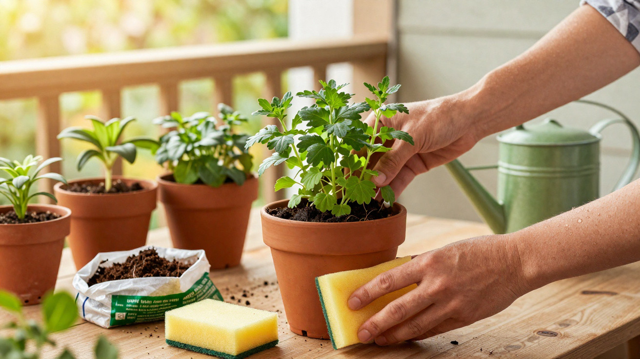 Person tending to potted plants on a wooden table with gardening soil, sponge, and watering can nearby.