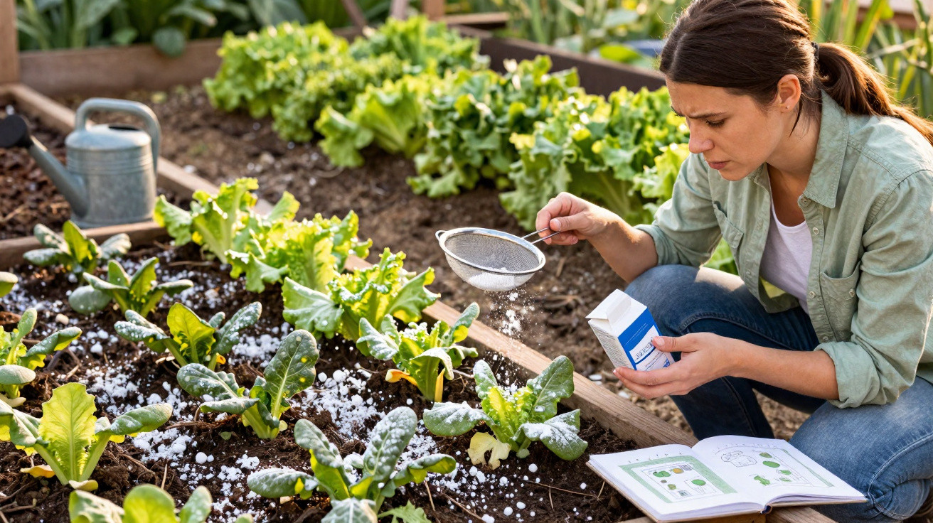 Woman sprinkling fertiliser over spinach plants in a garden bed with a watering can nearby and an open gardening book.