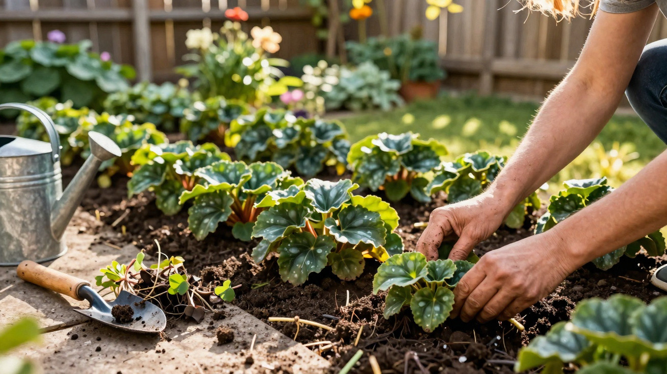 Person planting green leafy plants in a sunny garden bed with a watering can and trowel nearby.