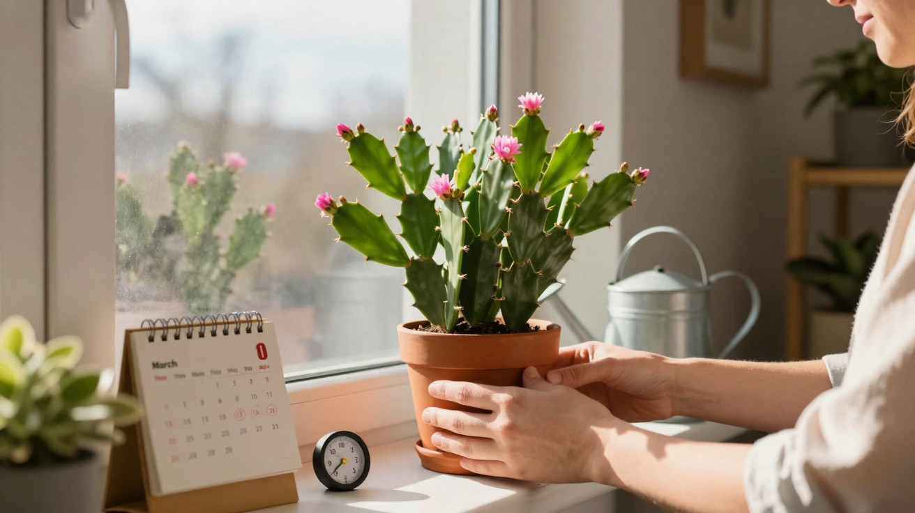 Person placing a blooming cactus in a terracotta pot on a sunny windowsill with calendar and clock nearby.