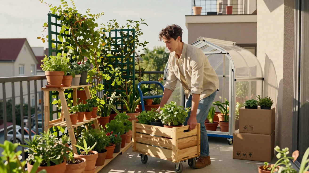 Man gardening on a balcony, arranging potted plants and moving a wooden planter box on wheels.