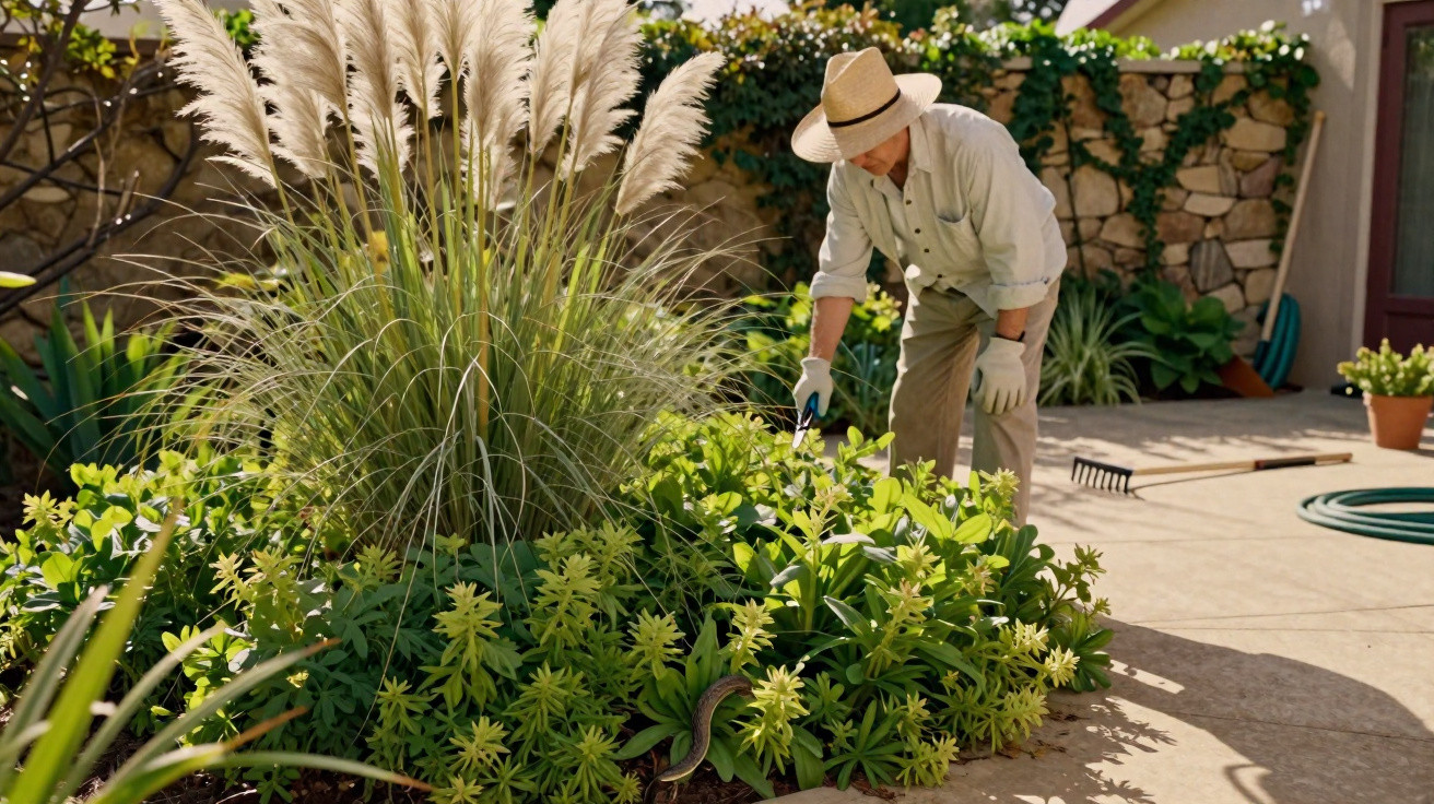 Person in a hat gardening among green plants and tall ornamental grass in a sunlit backyard.