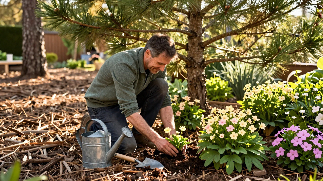Man planting flowers under a tree in a sunlit garden with a watering can and spade nearby.
