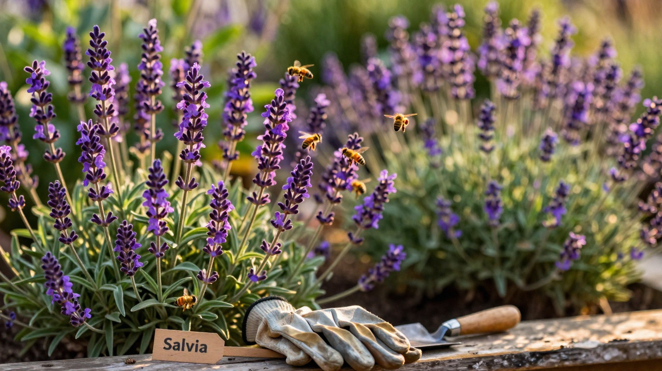 Bees flying over blooming purple salvia flowers in a garden bed with gardening gloves and trowel nearby.