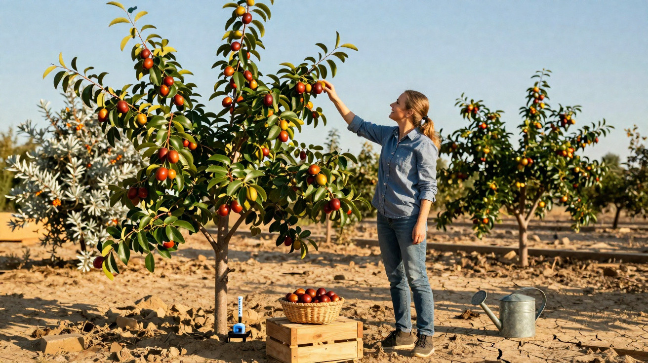 Woman harvesting ripe persimmons from a tree in a sunny orchard with basket and watering can nearby.
