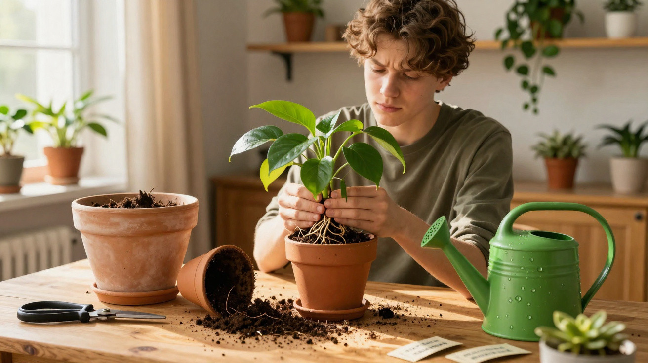 Young person repotting a houseplant at a table with soil, pots, scissors, and a green watering can.