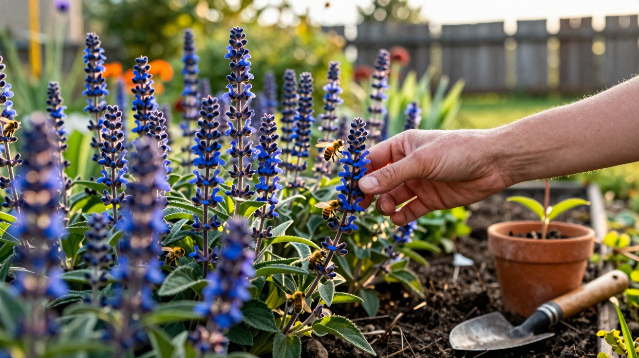 Hand picking blue salvia flowers in a garden with bees and gardening tools nearby.