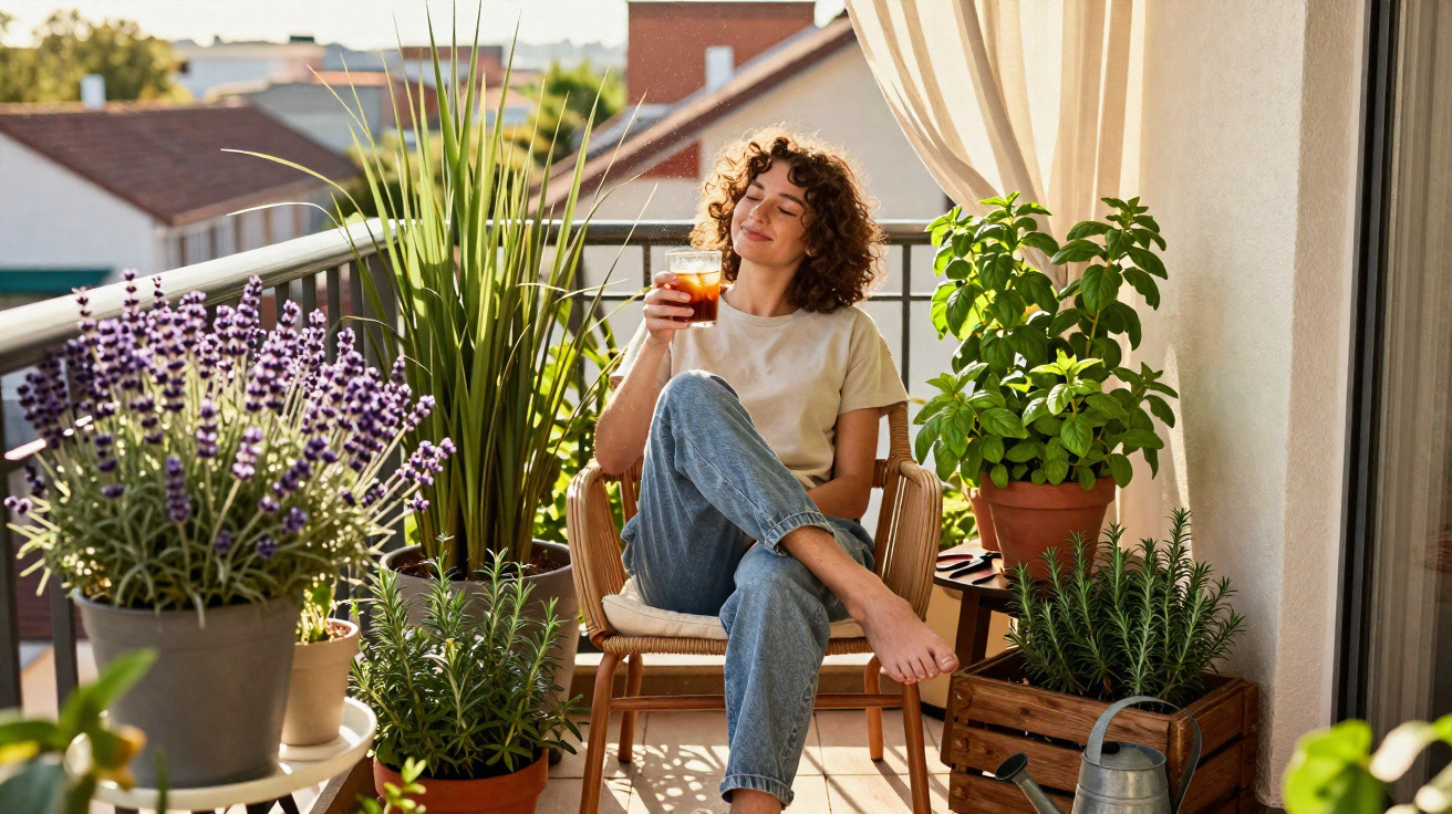 Woman with curly hair relaxing on balcony among potted plants, holding a glass of iced tea in sunlight.
