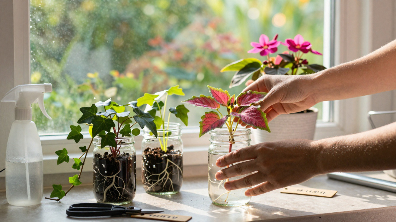 Hands placing a red and green plant cutting in a jar of water on a windowsill with other plant cuttings and gardening tools.